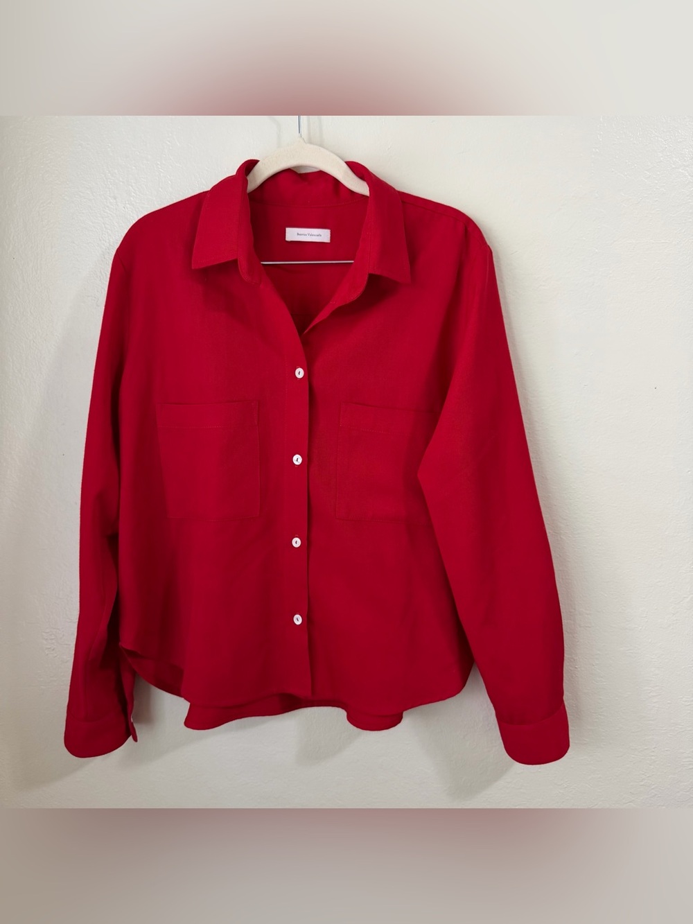 Beatrice Valenzuela Red Button Up Blouse Size 1 100% wool Contrast white buttons